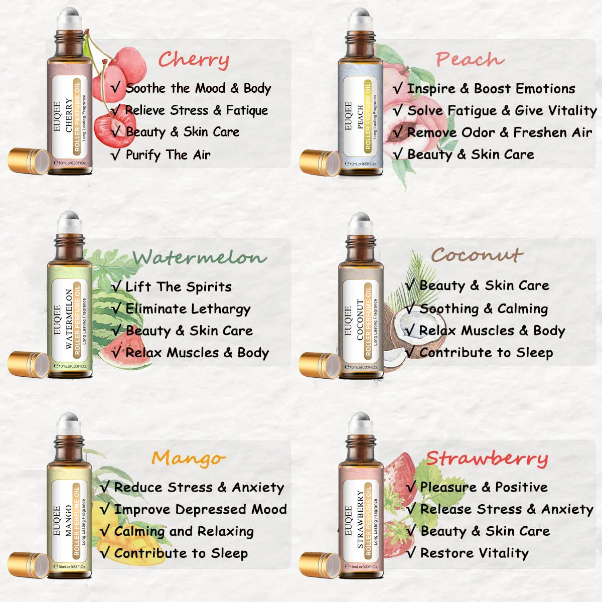 EUQEE 10ml Fruit Perfume Oil Roller Set