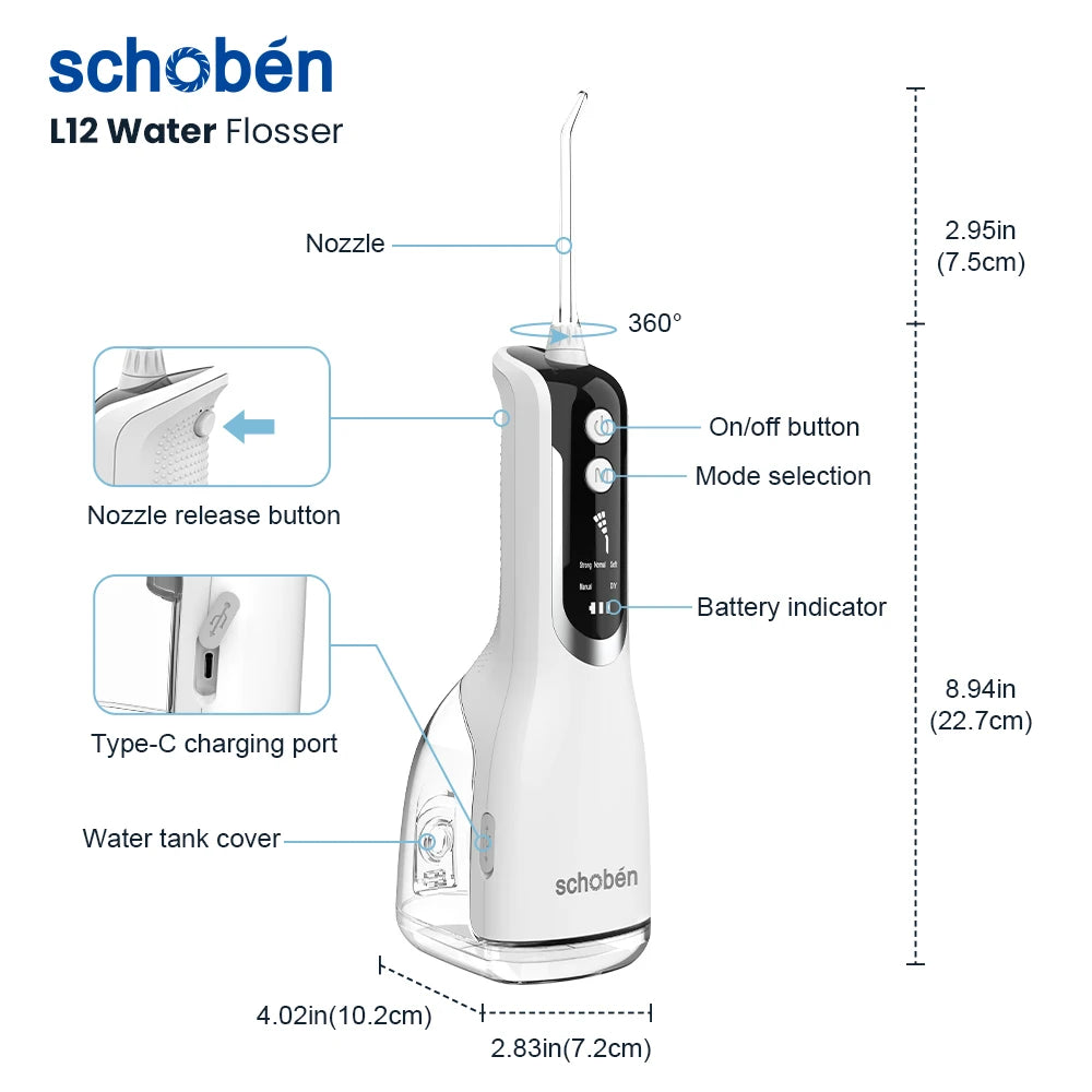 Schoben Portable Oral Irrigator USB Rechargeable Water Flosser Dental Water Jet 330ML Water Tank IPX7 Waterproof Teeth Cleaner
