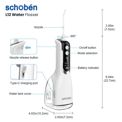 Schoben Portable Oral Irrigator USB Rechargeable Water Flosser Dental Water Jet 330ML Water Tank IPX7 Waterproof Teeth Cleaner